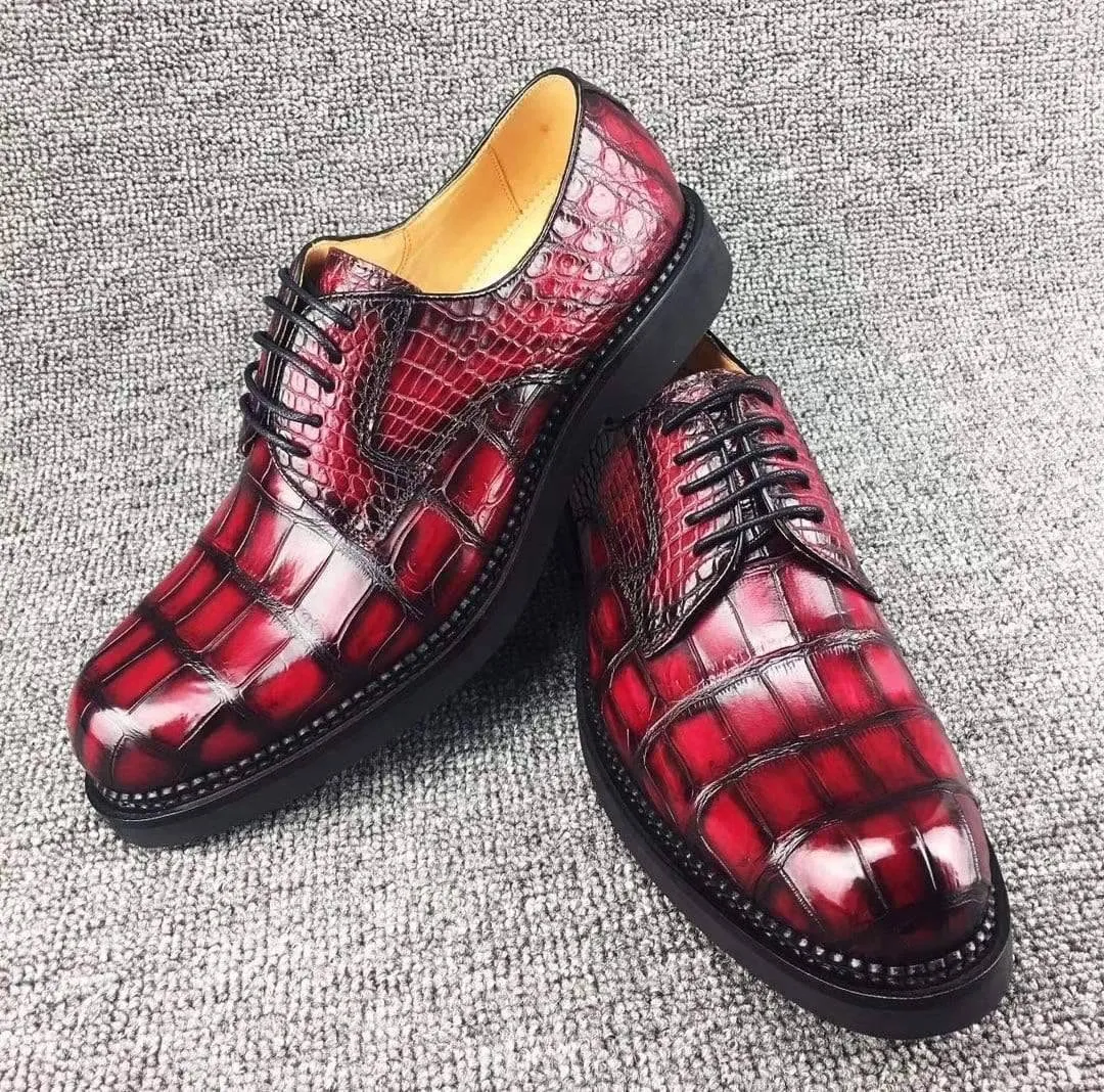 Crocodile Shoes Mens Classic Formal Footwear Man Fashion Style Genuine Crocodile Leather Derby Lace-Up Dress Shoes Vintage Red Snoopy Slip Ons