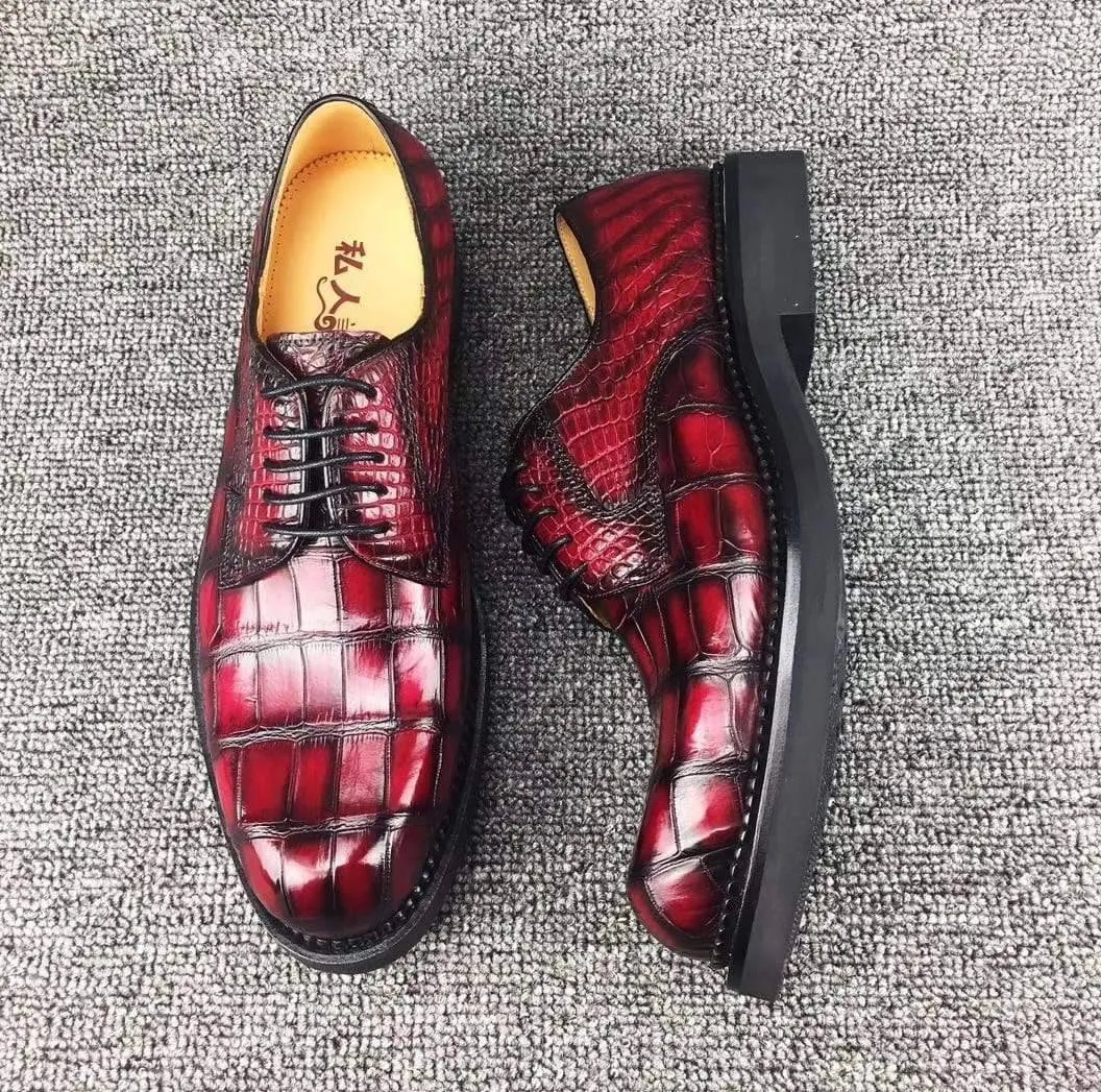 Crocodile Shoes Mens Classic Formal Footwear Man Fashion Style Genuine Crocodile Leather Derby Lace-Up Dress Shoes Vintage Red Slip On Barefoot