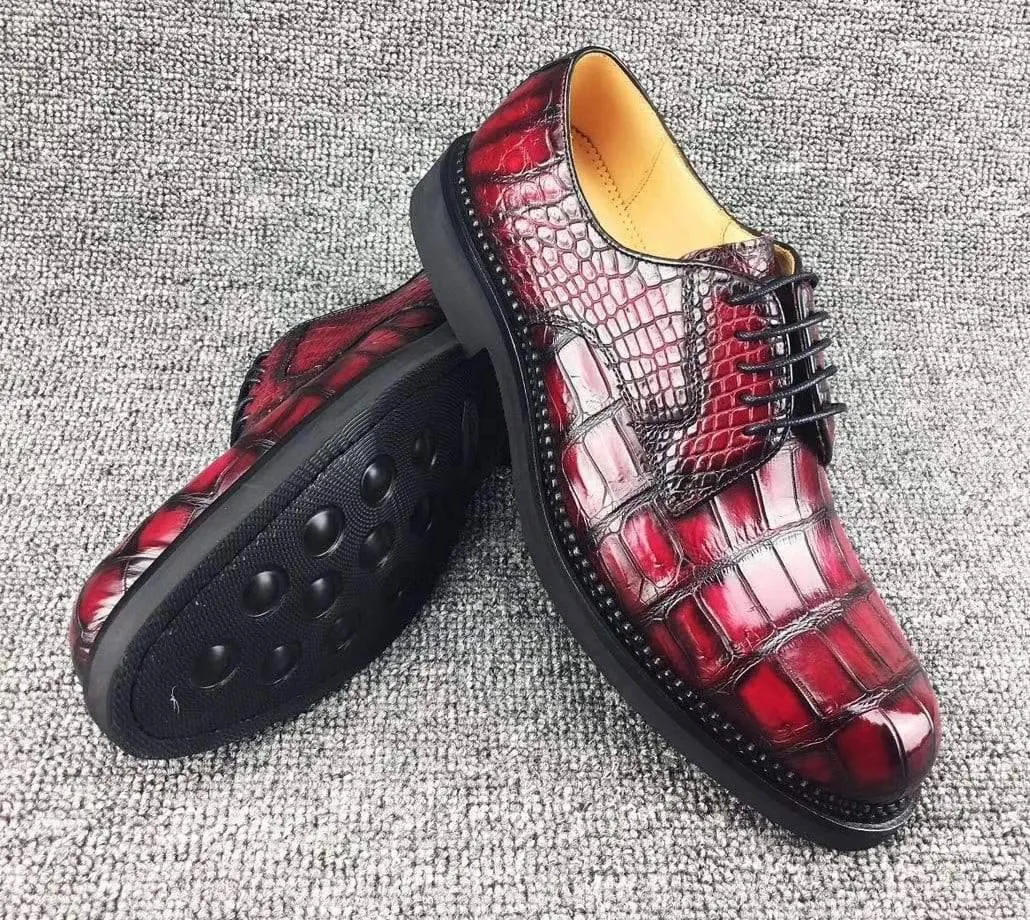 Steel Toe Slip On Crocodile Shoes Mens Classic Formal Footwear Man Fashion Style Genuine Crocodile Leather Derby Lace-Up Dress Shoes Vintage Red