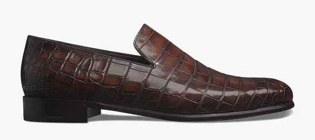 Slip On Loafers Stylish Slip On Crocodile Shoes Men's Penny Loafer Shoes, Genuine Crocodile Skin Leather Slip On Casual Dress Shoes Vintage Brown