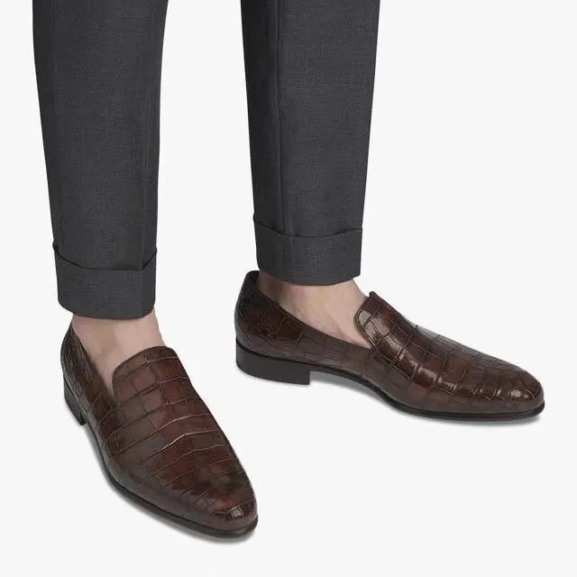 Casual Slip On Sneakers Crocodile Shoes Men's Penny Loafer Shoes, Genuine Crocodile Skin Leather Slip On Casual Dress Shoes Vintage Brown