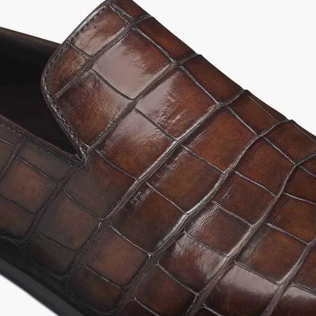 Cool Slip Ons Crocodile Shoes Men's Penny Loafer Shoes, Genuine Crocodile Skin Leather Slip On Casual Dress Shoes Vintage Brown
