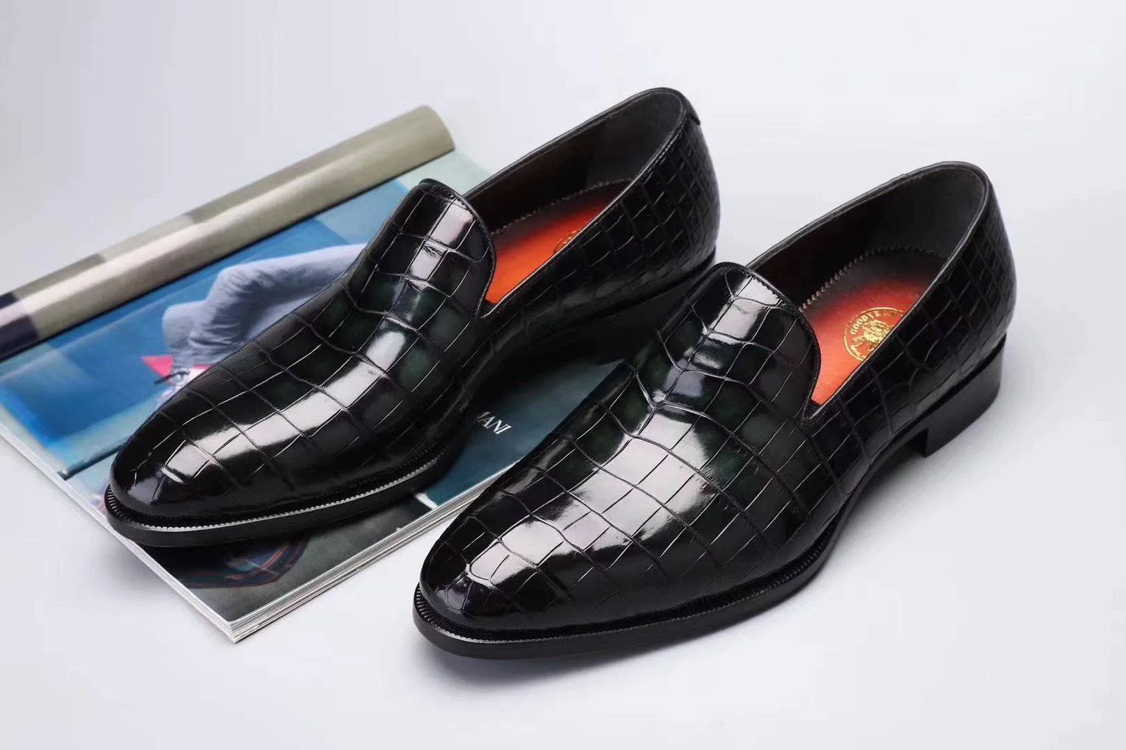 Slip On Shearling Boots Crocodile Shoes Men's Slip On Loafer Shoes, Genuine Crocodile Leather Casual Dress Shoes Vintage Green