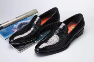 Crocodile Shoes Men's Slip On Loafer Shoes, Genuine Crocodile Leather Casual Dress Shoes Vintage Green Slip On Pro