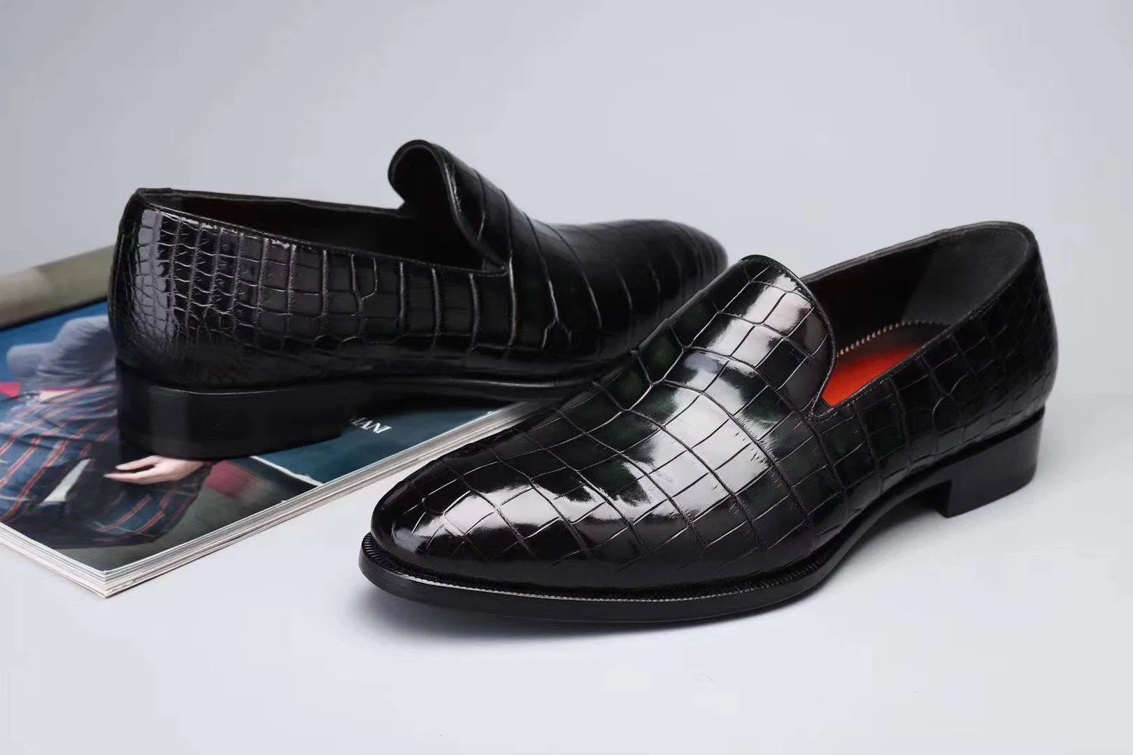 Crocodile Shoes Men's Slip On Loafer Shoes, Genuine Crocodile Leather Casual Dress Shoes Vintage Green Casual Slip On Shoe