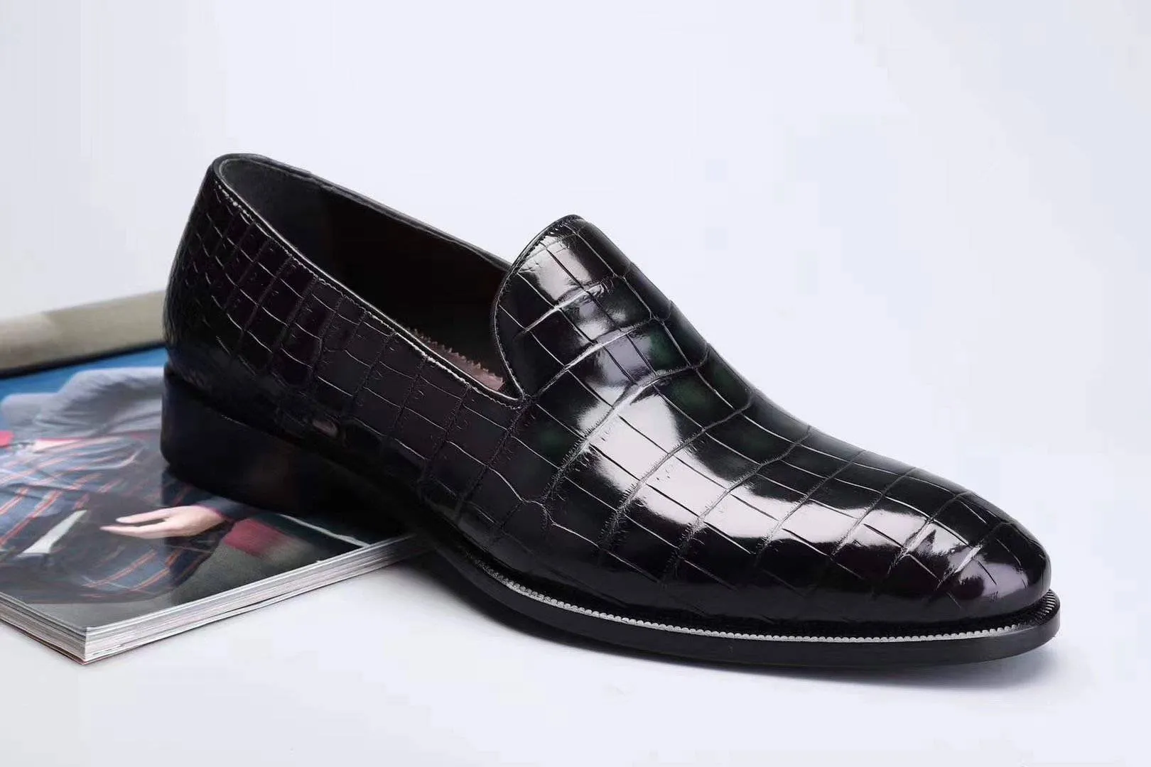 Slip On Platform Sneakers Crocodile Shoes Men's Slip On Loafer Shoes, Genuine Crocodile Leather Casual Dress Shoes Vintage Green