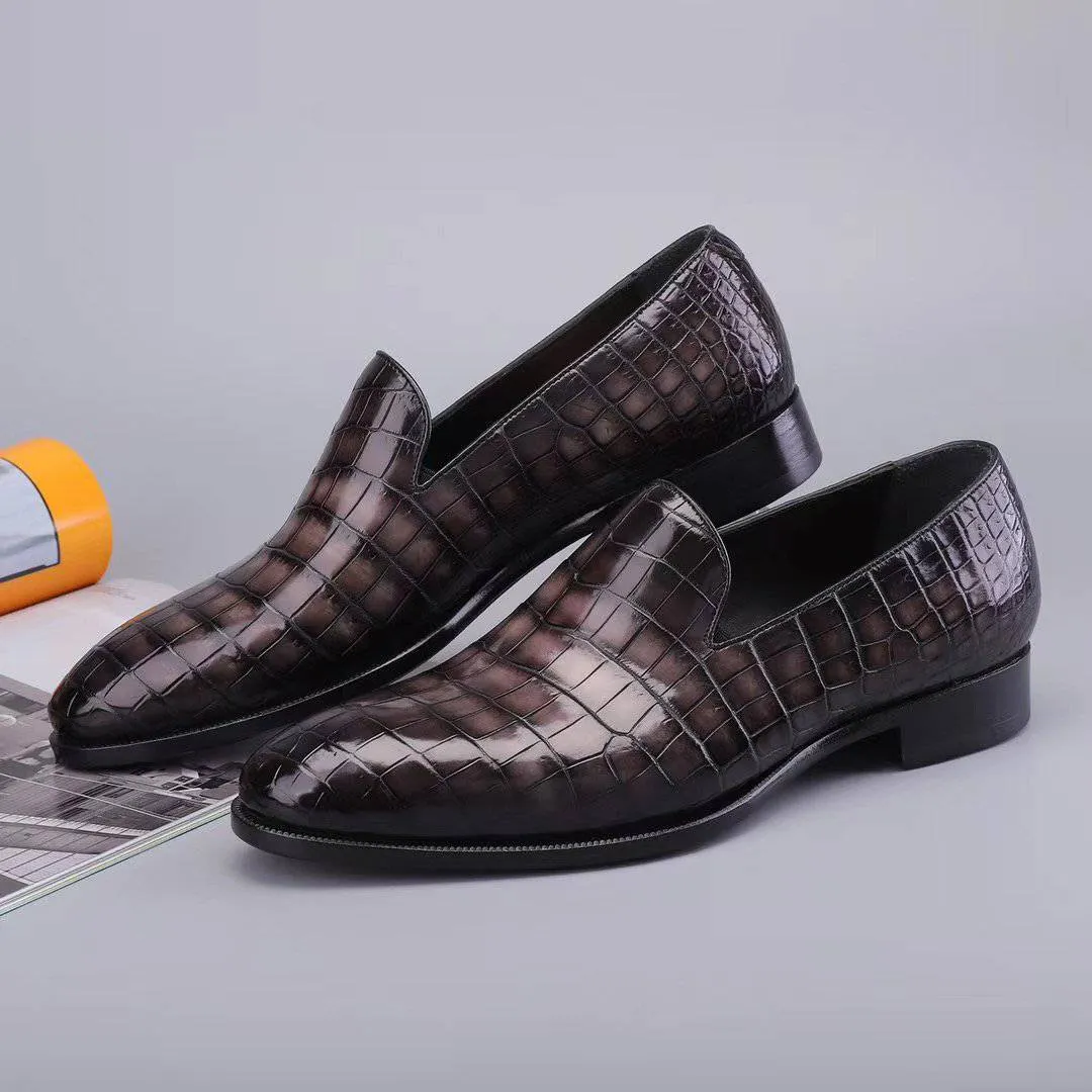 White Leather Slip On Shoes Crocodile Shoes Men's Slip On Loafer Shoes, Genuine Crocodile Leather Casual Dress Shoes Vintage Grey