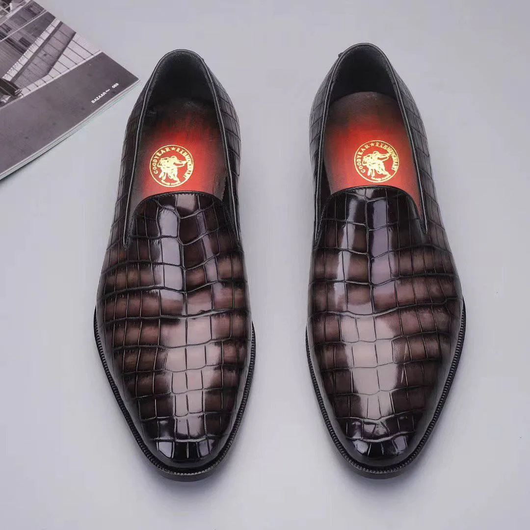 Mens Slip On Shoes Wide Crocodile Shoes Men's Slip On Loafer Shoes, Genuine Crocodile Leather Casual Dress Shoes Vintage Grey