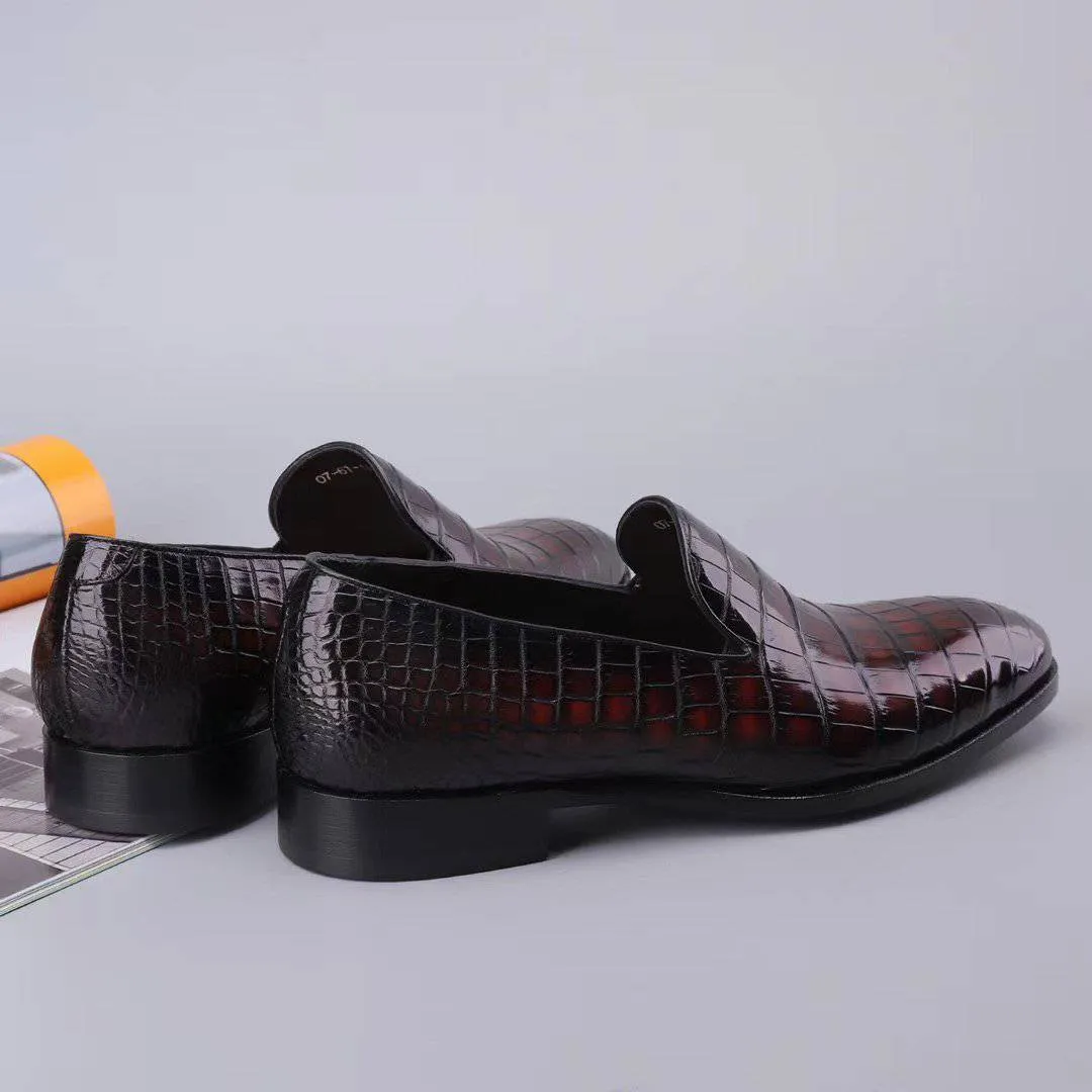 Crocodile Shoes Men's Slip On Loafer Shoes, Genuine Crocodile Leather Casual Dress Shoes Vintage Wine Red Slip On Oxford Shoes