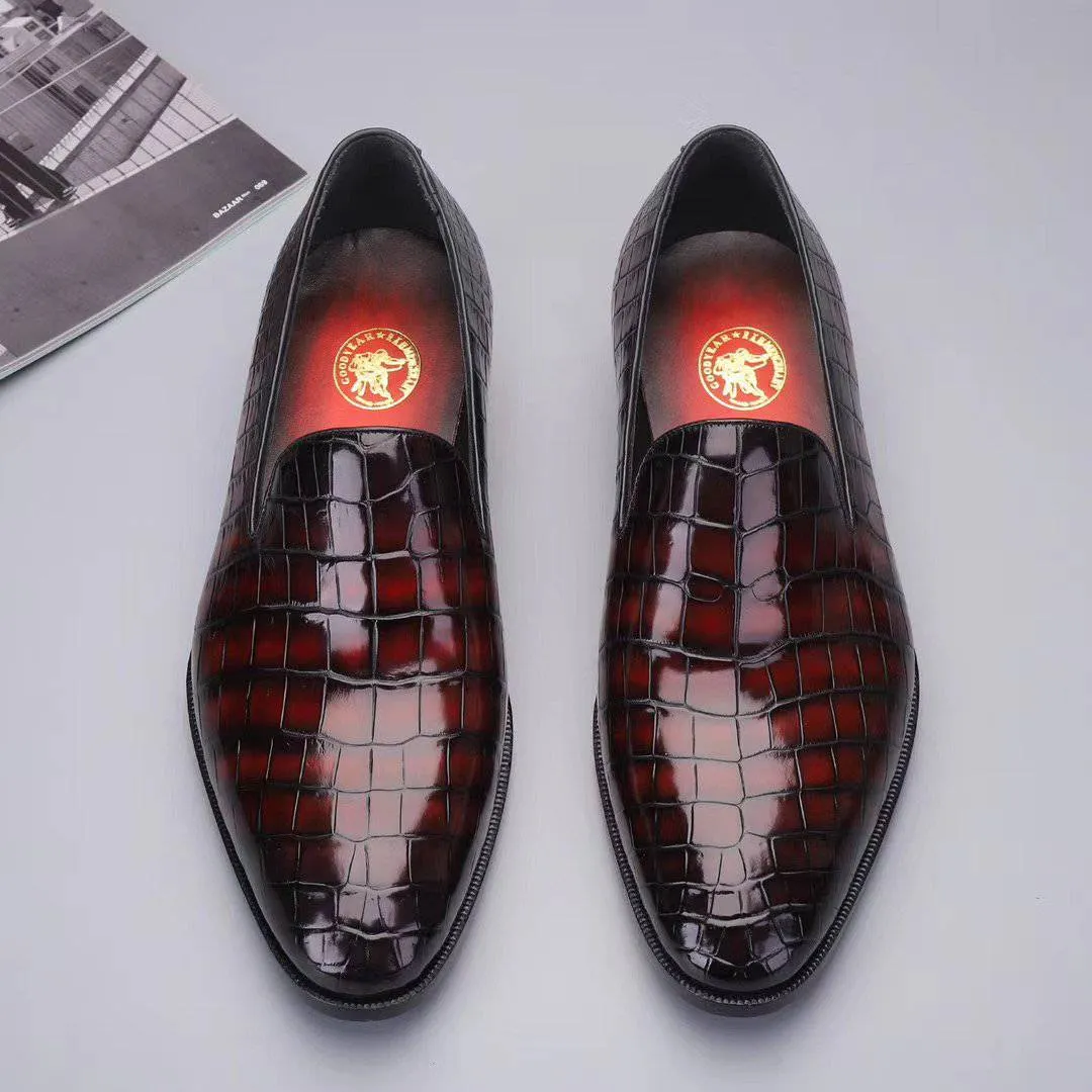 Crocodile Shoes Men's Slip On Loafer Shoes, Genuine Crocodile Leather Casual Dress Shoes Vintage Wine Red Slip On Sneaker Slip On Tennis