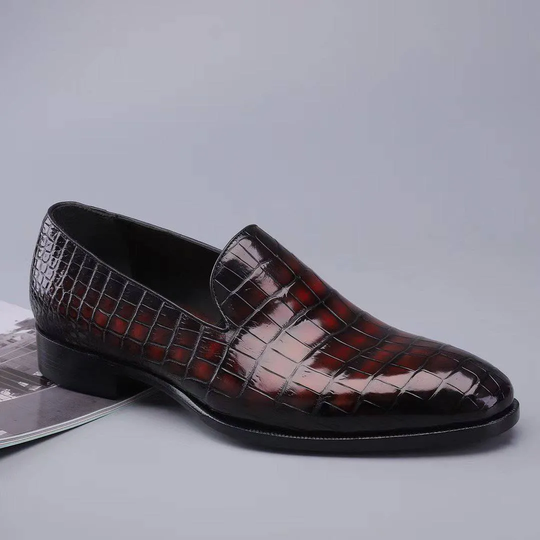 Slip On Platform Sneaker Crocodile Shoes Men's Slip On Loafer Shoes, Genuine Crocodile Leather Casual Dress Shoes Vintage Wine Red