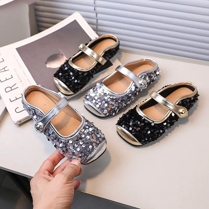 Girls Sequined Leather Shoes Shallow Mouth Flat Princess Shoes Buddha Shoes Flats