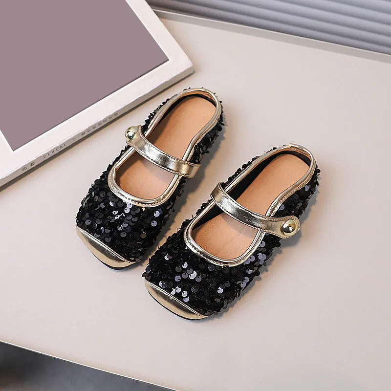 Shoes That Go From Heels To Flats Girls Sequined Leather Shoes Shallow Mouth Flat Princess Shoes