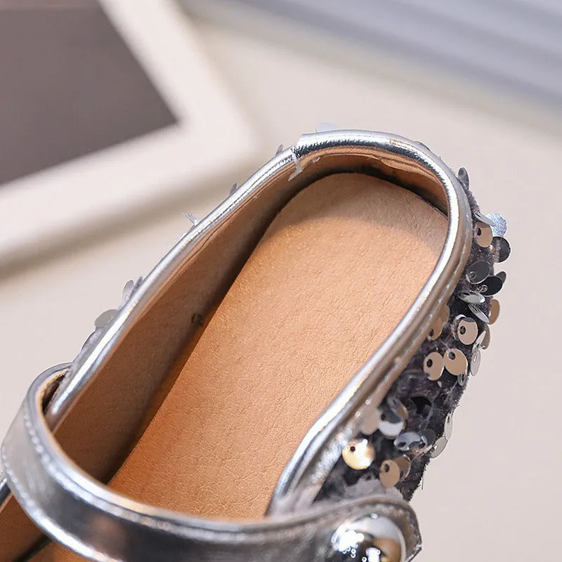 Flat Shoes And Skirts Girls Sequined Leather Shoes Shallow Mouth Flat Princess Shoes