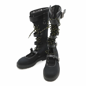 Buckle Boots Knee High Dior DIORANGER long boots Black Canvas Leather Size 38