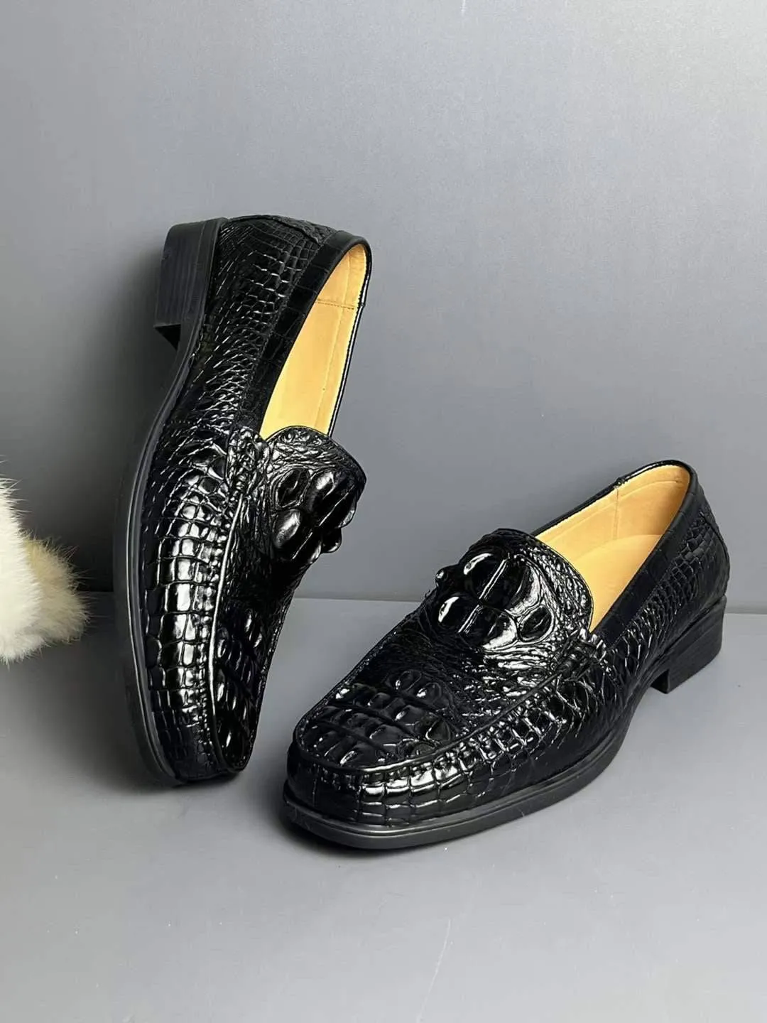 Narrow Width Loafers Crocodile Shoes Genuine Crocodile Skin Bone Leather Slip On Driving Loafers