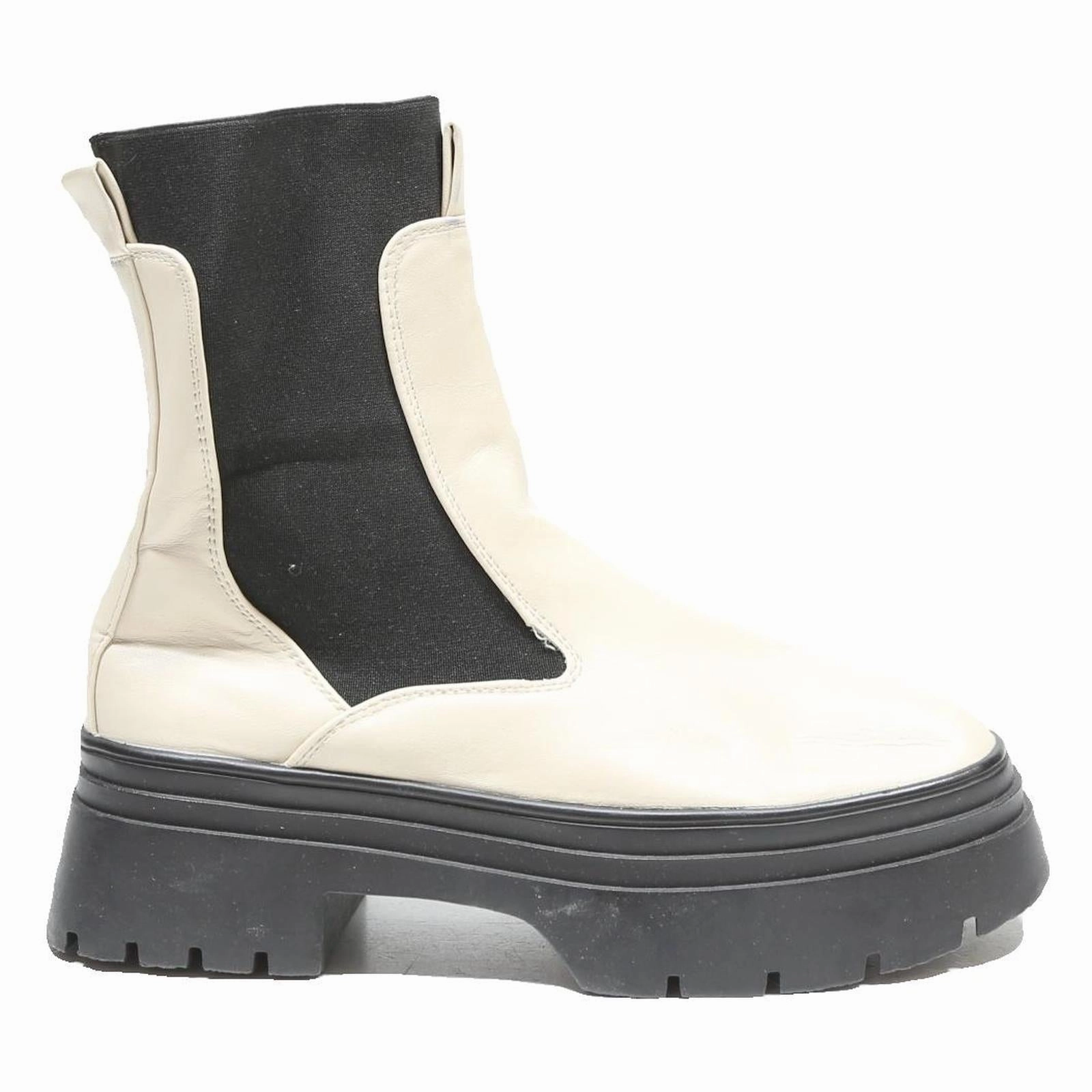 PRIMARK Womens Chelsea Boots Leather Cream & Black UK 6 Chunky Sole Elastic Anderson Bean Rattlesnake Boots