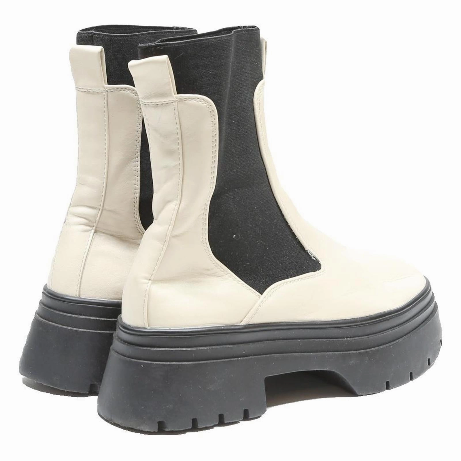 PRIMARK Womens Chelsea Boots Leather Cream & Black UK 6 Chunky Sole Elastic Military Desert Boots