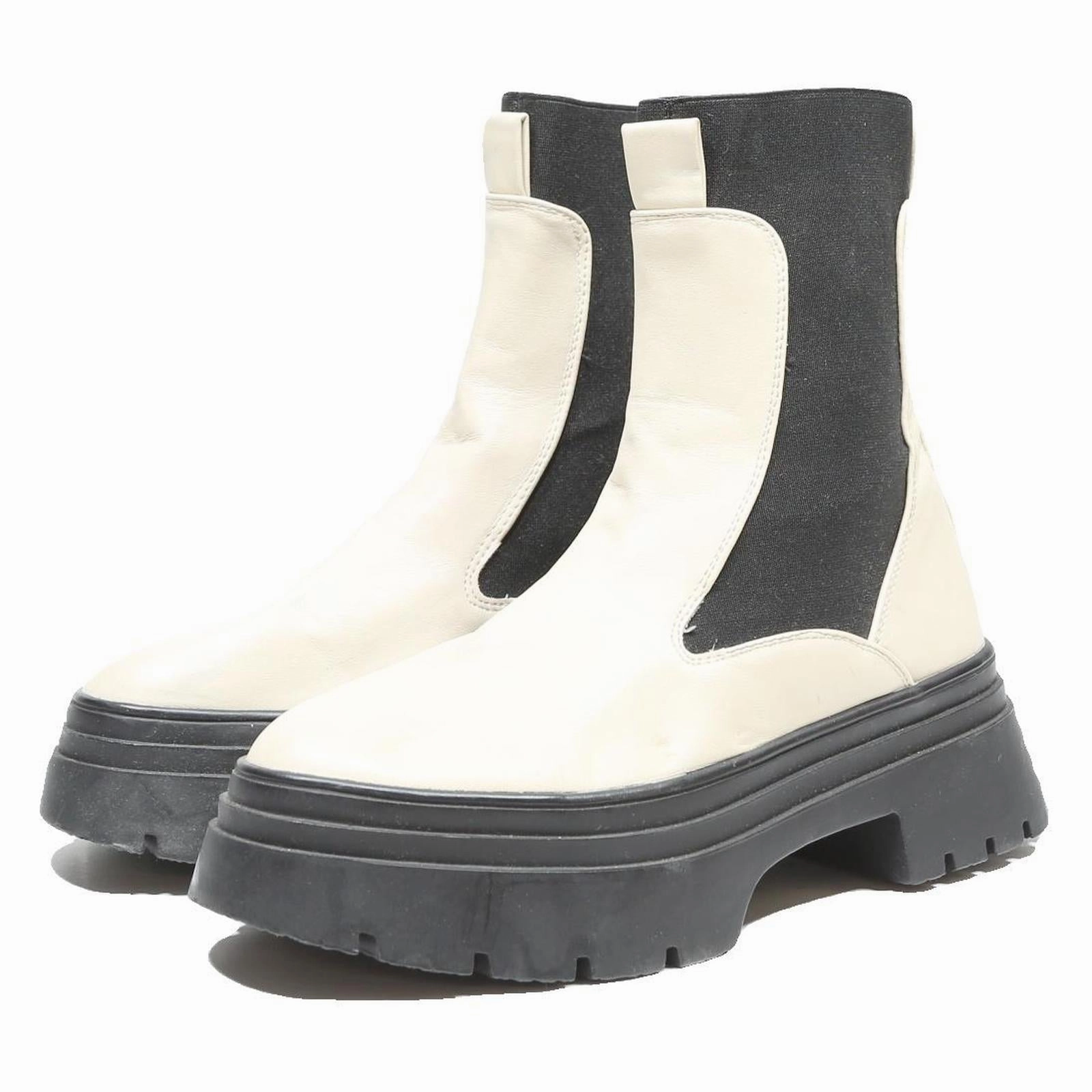 PRIMARK Womens Chelsea Boots Leather Cream & Black UK 6 Chunky Sole Elastic Boots Steel Toe