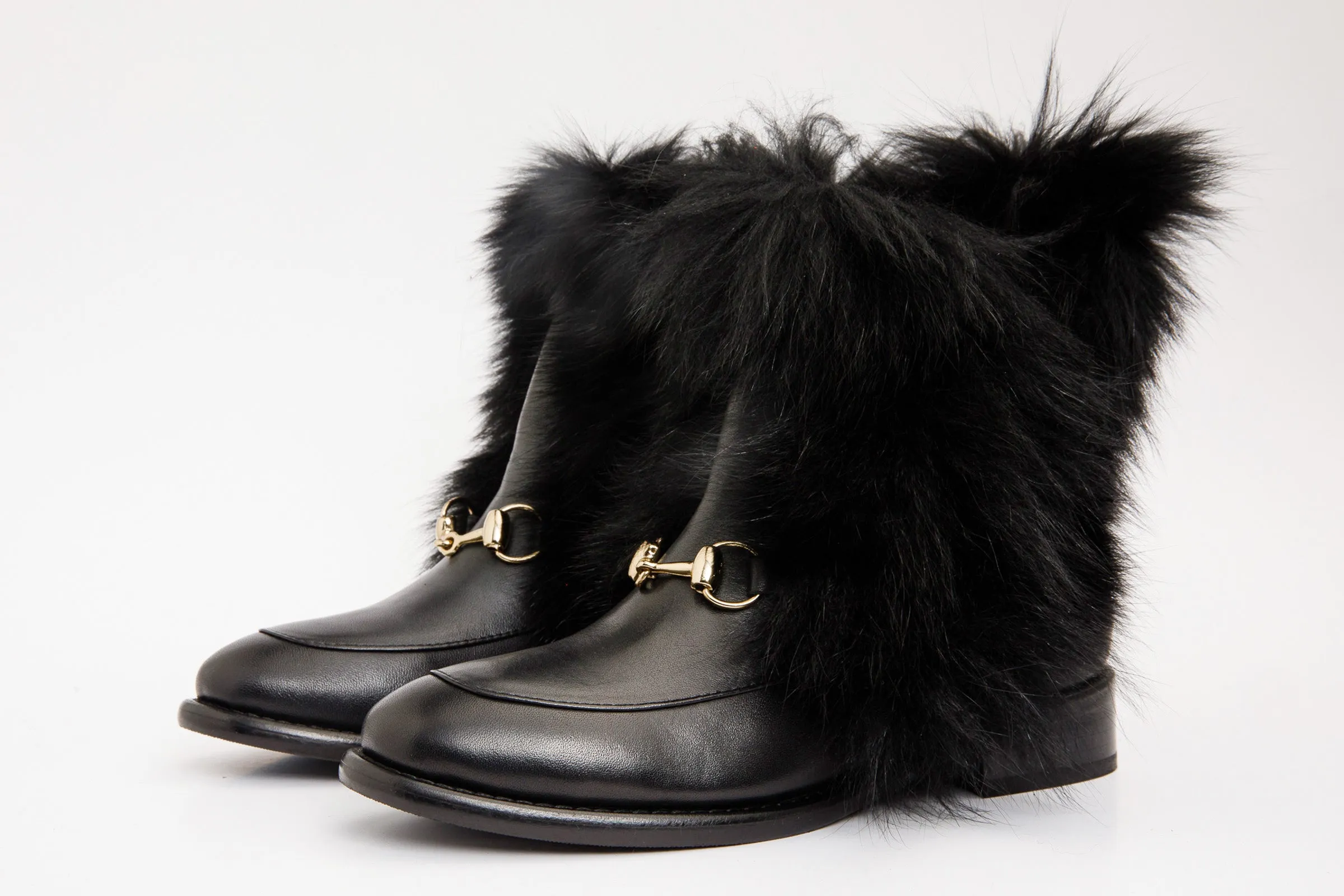 Platform High Heel Boots The Izmir Black Leather Natural Fur Mid Calf Women Boot