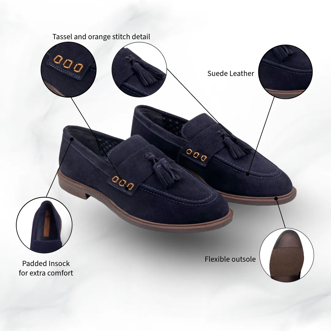 Charleston Suede Leather Tassel Loafers - Navy Horsebit Accent Loafers