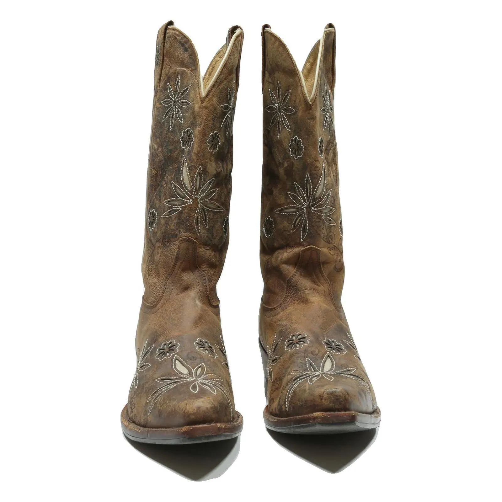 Puss In Boots Animated Movie SHYANNE Womens Western Leather Cowboy Boots Brown Size UK 8 Distressed Floral