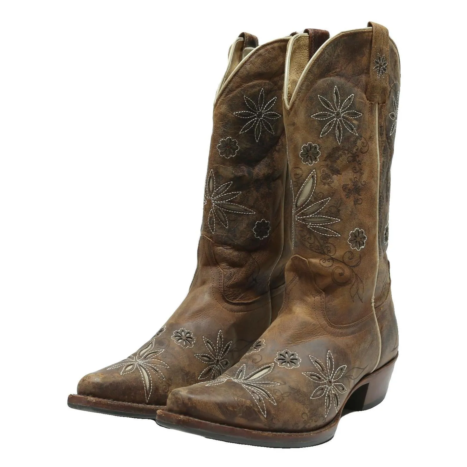 Chameau Boots SHYANNE Womens Western Leather Cowboy Boots Brown Size UK 8 Distressed Floral