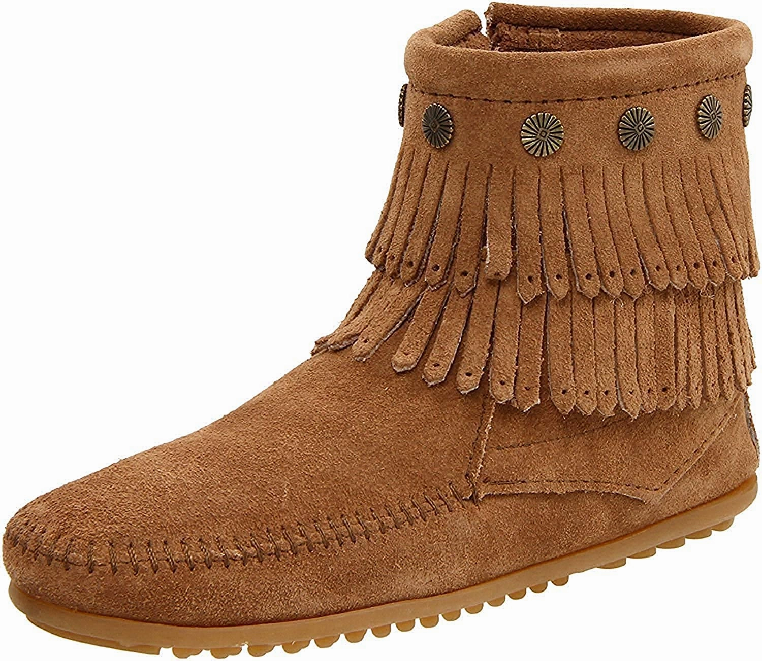 Minnetonka Women's Double Fringe Side Zip Boot Brown Moon Boots