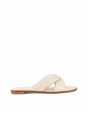 Peep Toe Shoes Madeline Flat Slides - Beige Leather