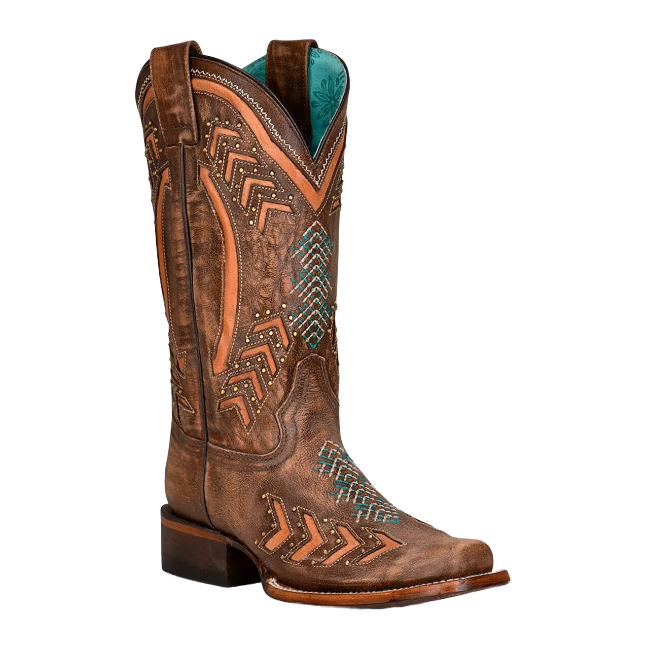 Corral Ladies Embroidery & Studs Brown Laser Square Toe Boots Z5009 Best Cowgirl Boots
