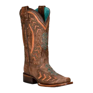 Knee High Boots And Jeans Corral Ladies Embroidery & Studs Brown Laser Square Toe Boots Z5009