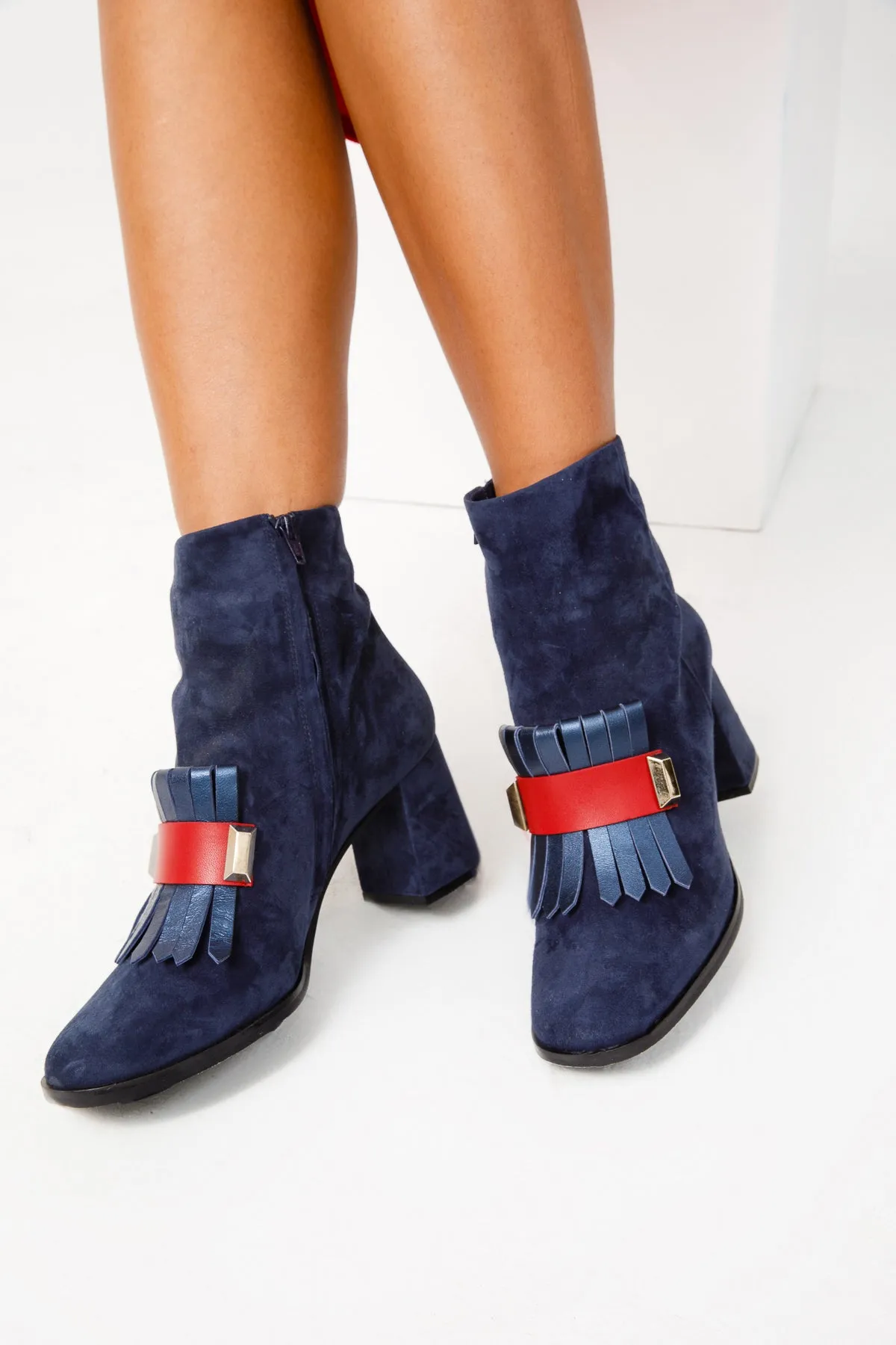 Boots With A Low Heel The Luksor Navy Blue Suede Leather Block Heel Women Boot