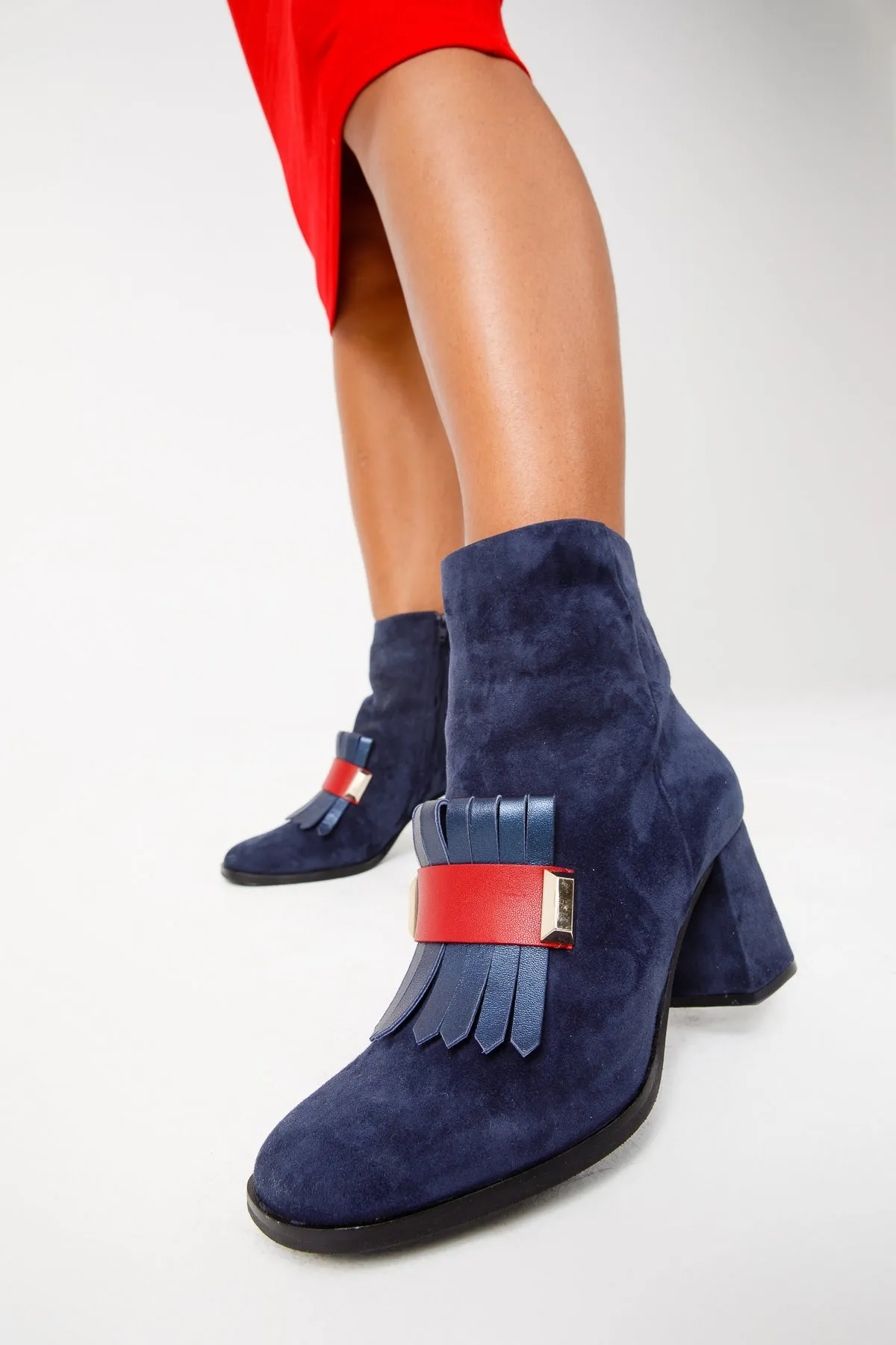 The Luksor Navy Blue Suede Leather Block Heel Women Boot Acid Folic Boots