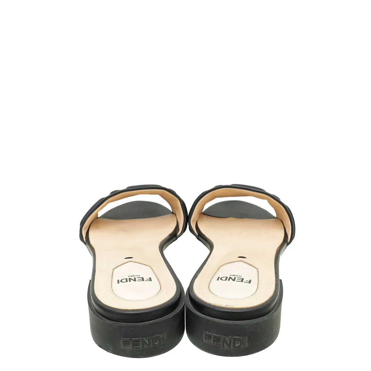 Fox Flat Pedal Shoes Fendi Black Logo Embossed Slide Flat Sandals 38.5