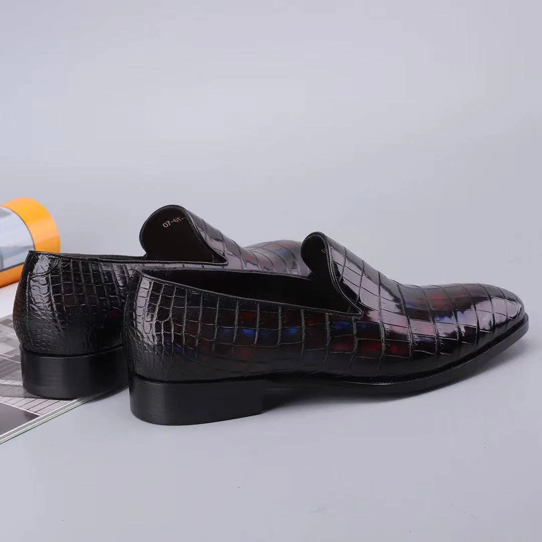 Crocodile Shoes Men's Slip On Loafer Shoes, Genuine Crocodile Leather Casual Dress Shoes Vintage Multi Blue Casual Slip Ons