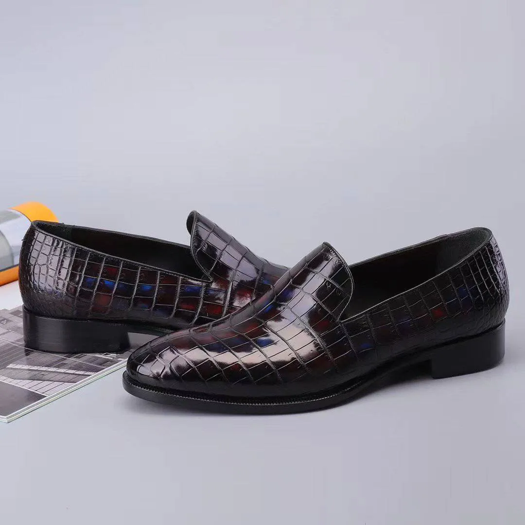Crocodile Shoes Men's Slip On Loafer Shoes, Genuine Crocodile Leather Casual Dress Shoes Vintage Multi Blue Slip On Water