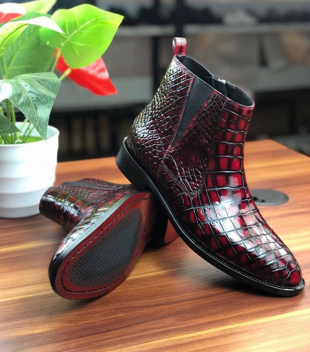 Crocodile Shoes Vintage Wine Red Chelsea Boots Steel Toe Western Boots