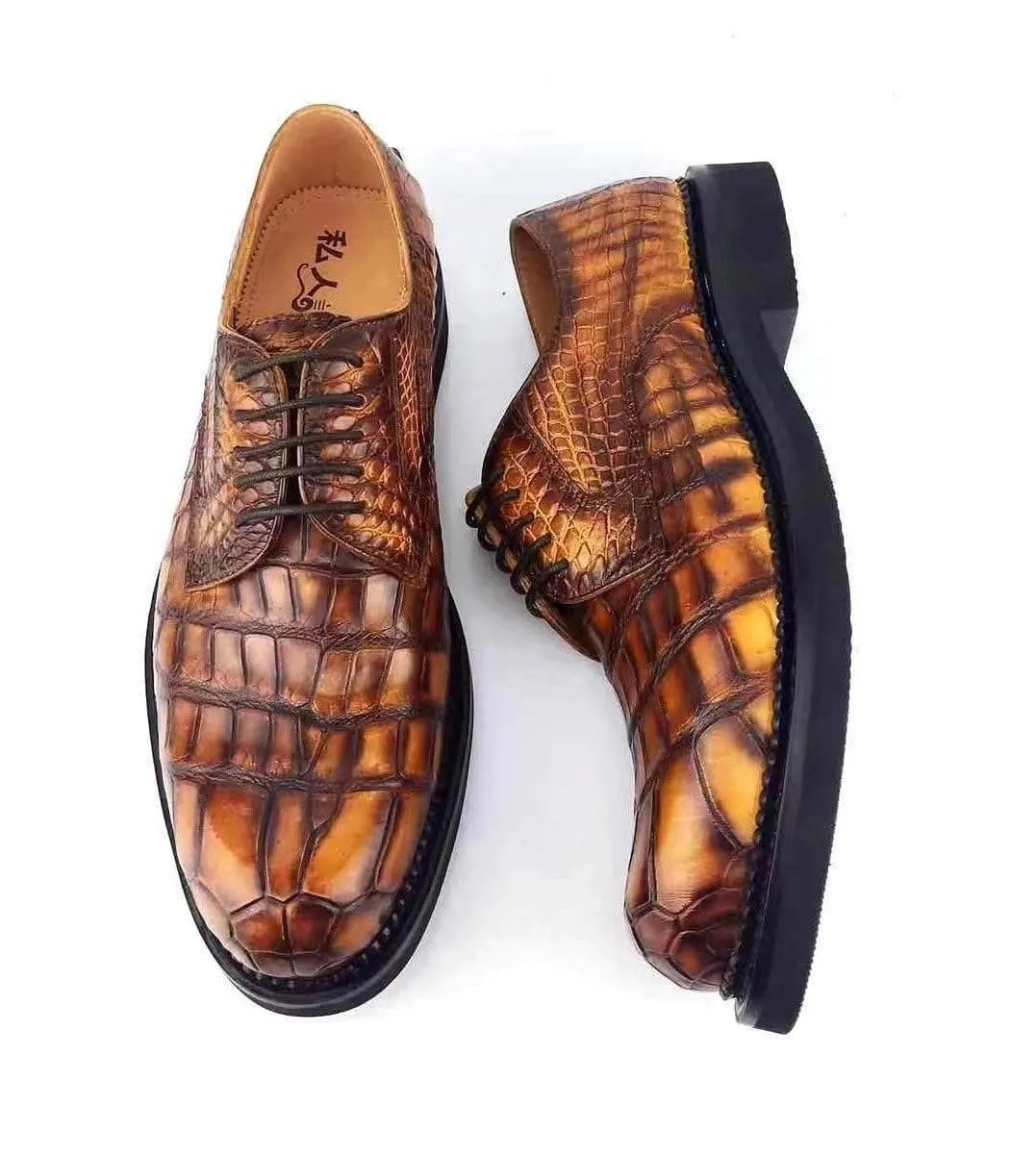 Slip On Flower Crocodile Shoes Mens Classic Formal Footwea Man Fashion Style Genuine Crocodile Leather Derby Dress Shoes Brown