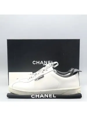 G34085 White Calfskin Shoelace Tennis Women s Sneakers Size 37 Chanel Width Tennis Shoes