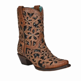 Corral Ladies Glitter Inlay and Studs Tan Ankle Boots A4278 Lexington Boots