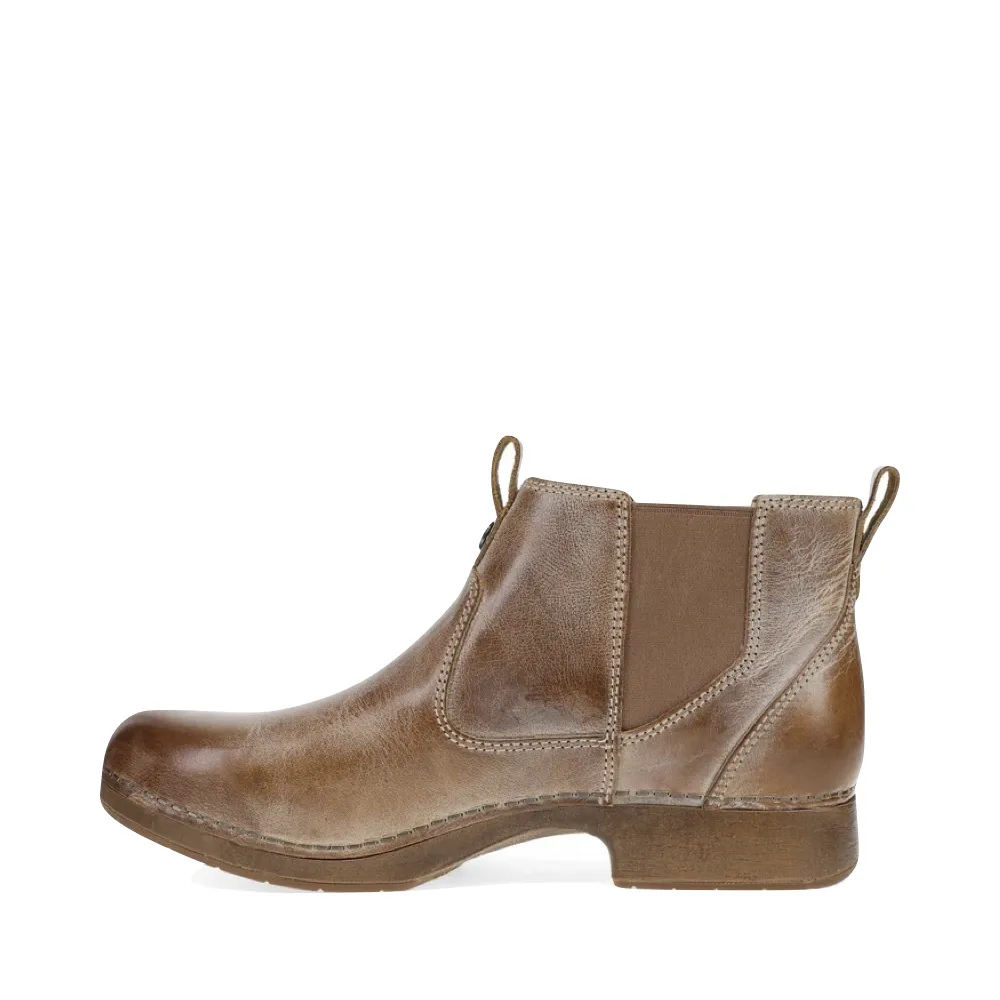 Dansko Women's Michele Pull On Leather Boot in Tan Waxy Brush Off Hawx Boots