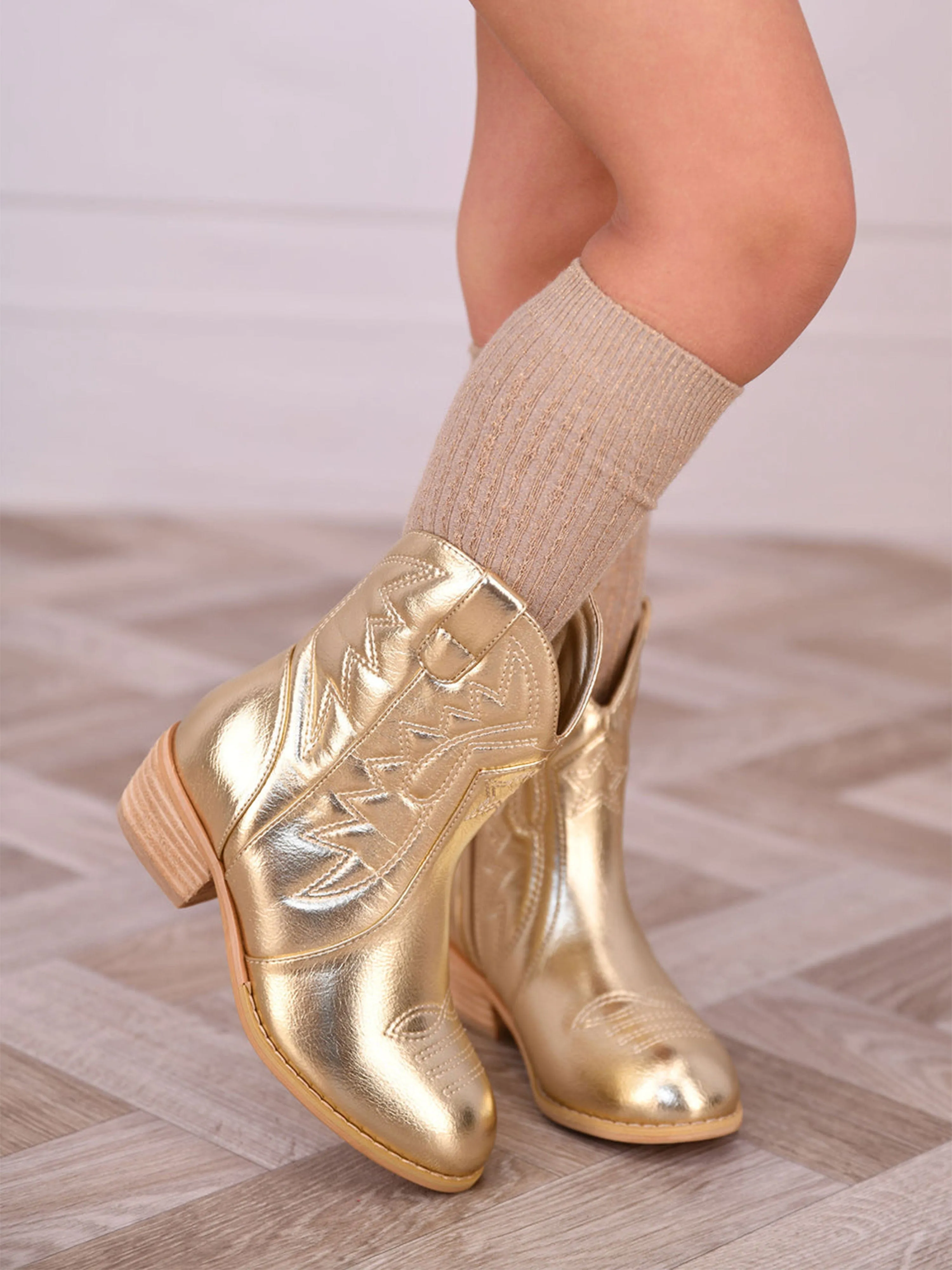 Knee High Lace Boots Angels Face Girls Soraya Metallic Cowboy Boots in Gold AB