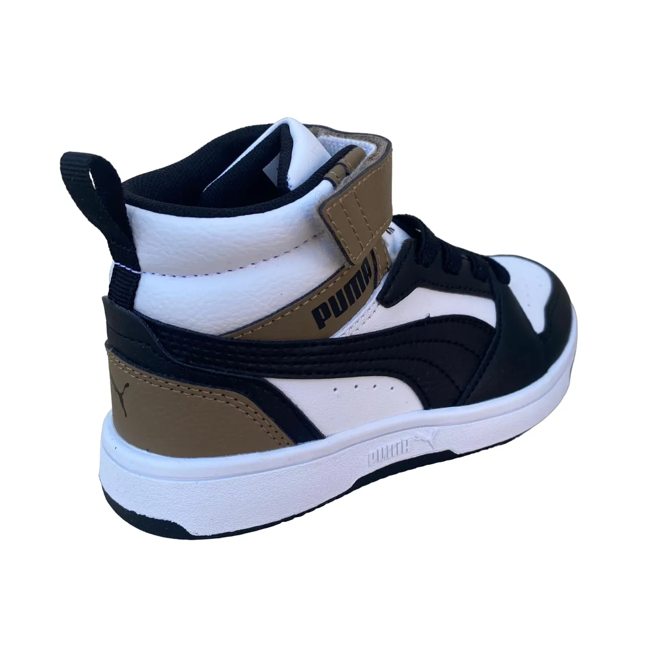 Puma scarpa alta da ragazzi con laccio e strappo Rebound V6 AC PS 393832-08 bianco-nero-cioccolato Hightop Sneakers