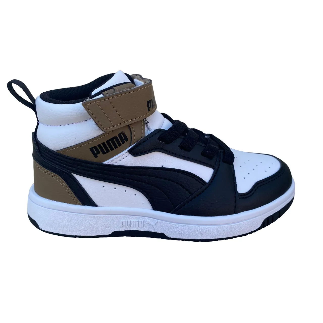 Puma scarpa alta da ragazzi con laccio e strappo Rebound V6 AC PS 393832-08 bianco-nero-cioccolato Lined Sneakers