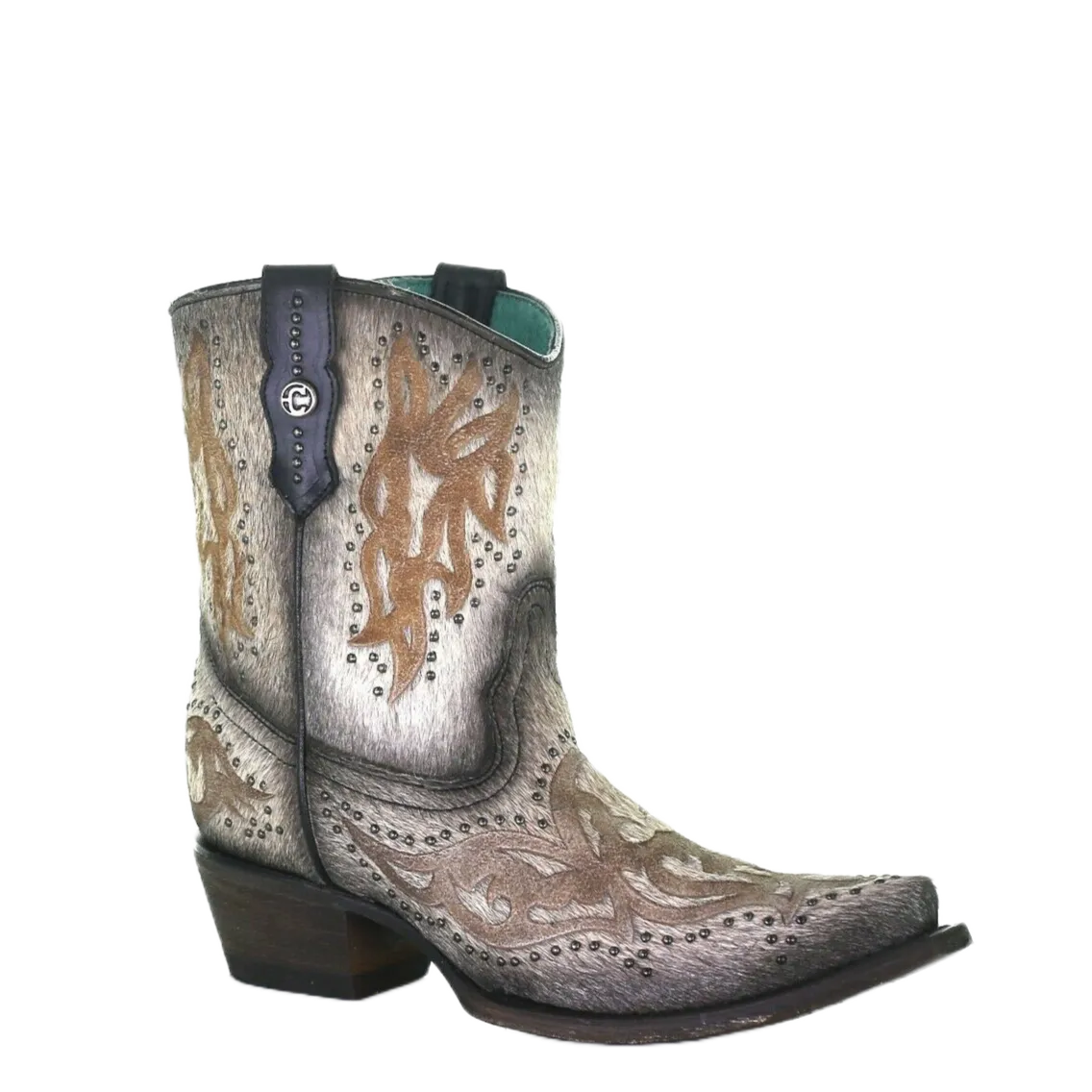 Corral Ladies Grey Fur Laser & Studs Shortie Boots C3638 Black Boots Above Knee