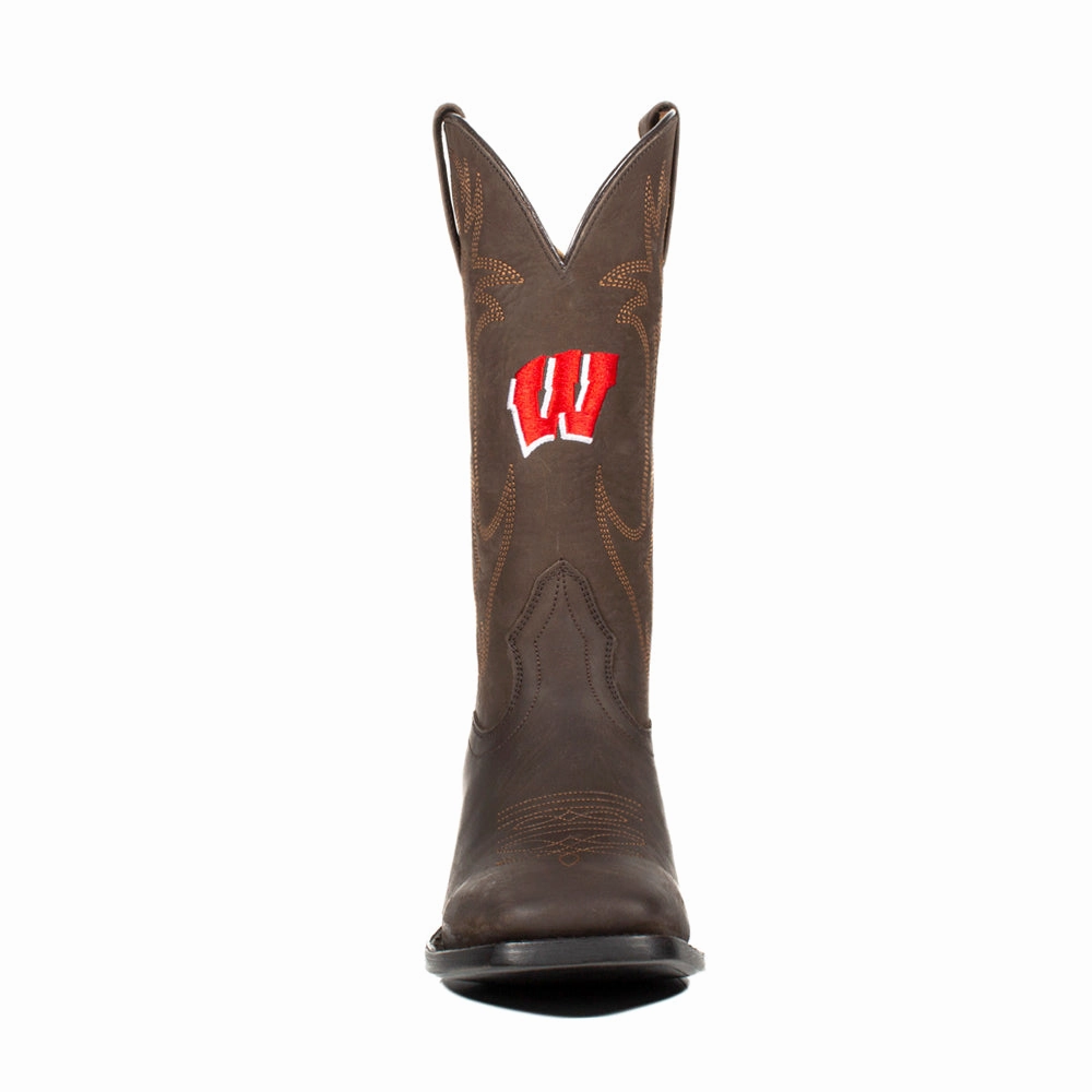 Tan Military Boots University of Wisconsin Embroidered Square Toe Pull On Cowboy Boots