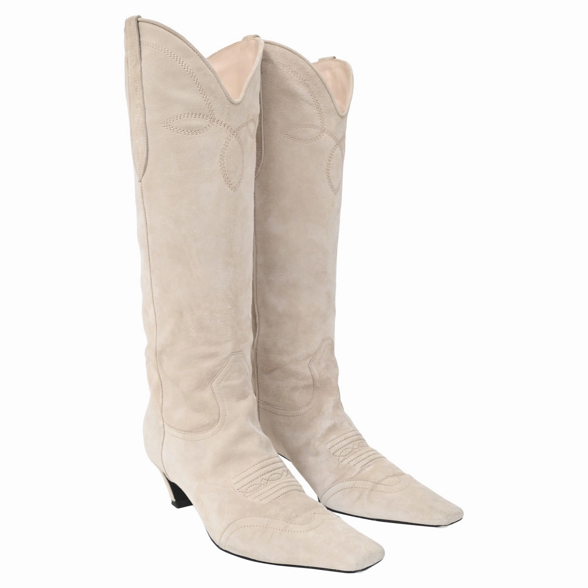 Khaite Dallas Western Boots in Cream Suede Wheat Boots