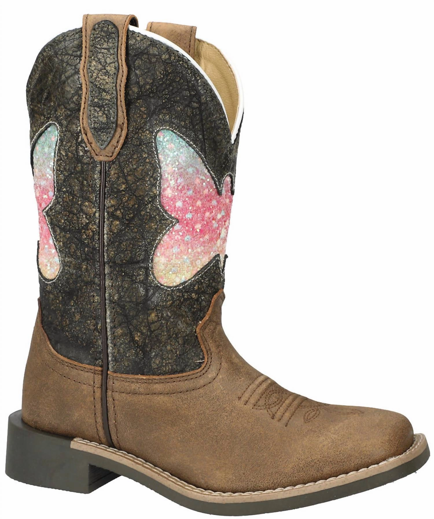 Kids' Chloe Square Toe Western Boots In Brown Distress/charcoal Over Knee High Flat Boots
