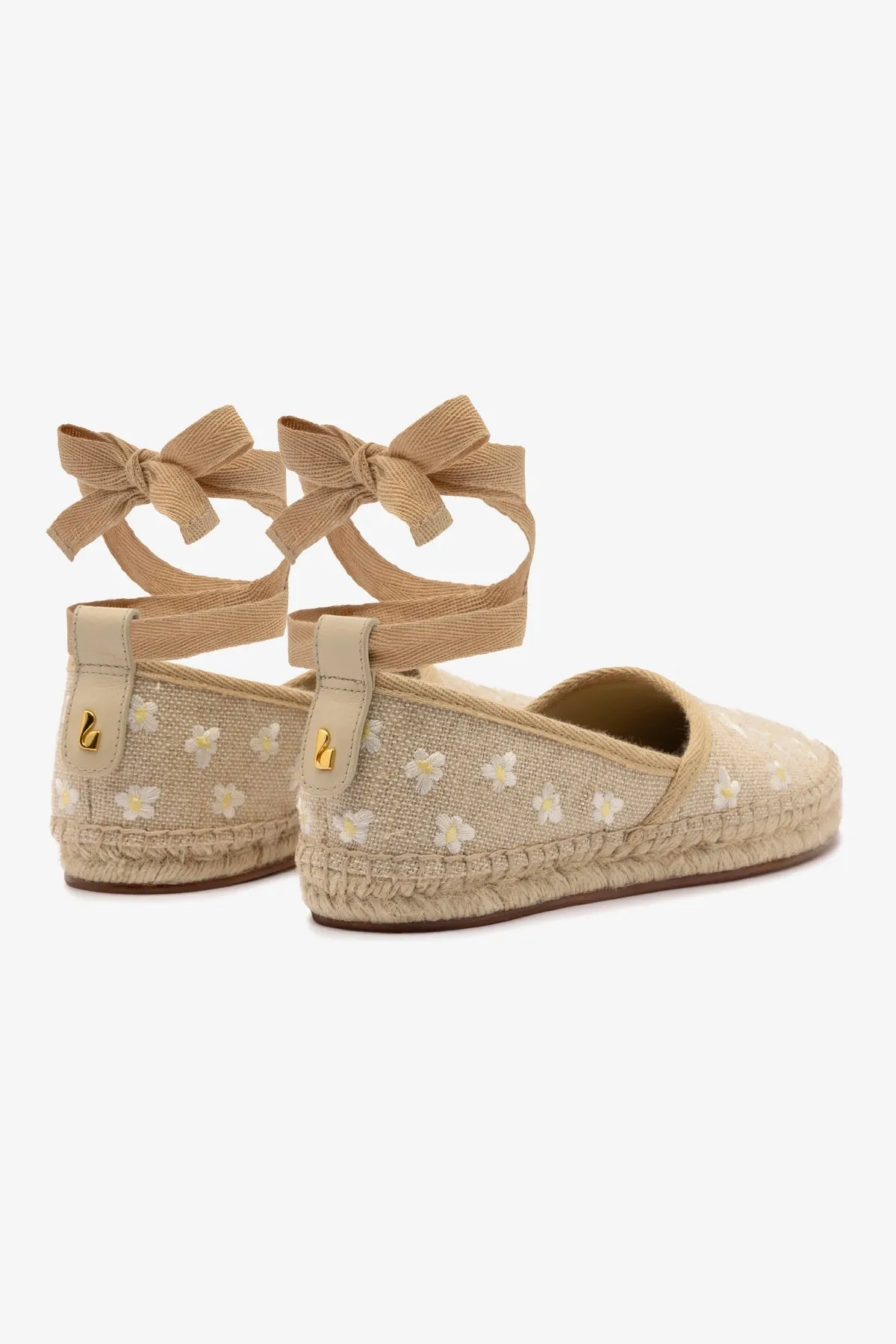 Letizia Espadrille Flat In Raw Linen and Daisy Embroidery Best Shoes For Feet Walking