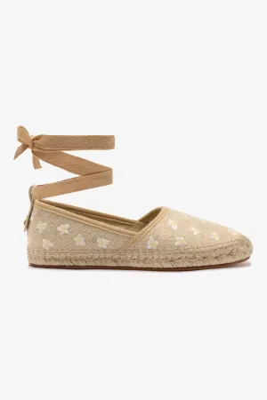 Flat Shoes For Weight Training Letizia Espadrille Flat In Raw Linen and Daisy Embroidery